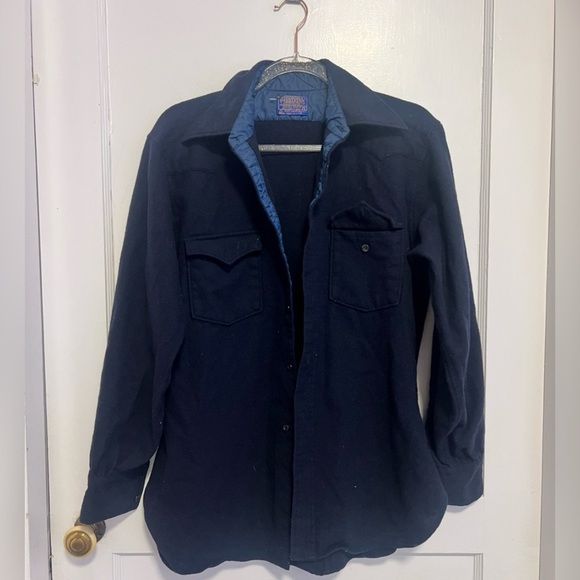 Vintage 60s/70s Pendleton Blue Button Down Wool Shirt Button Pockets USA Size L - Picture 3 of 4